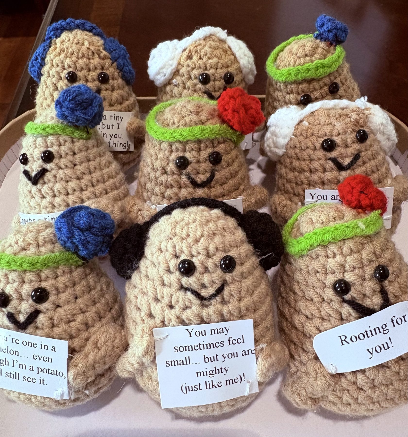 Crochet creations with encouraging messages