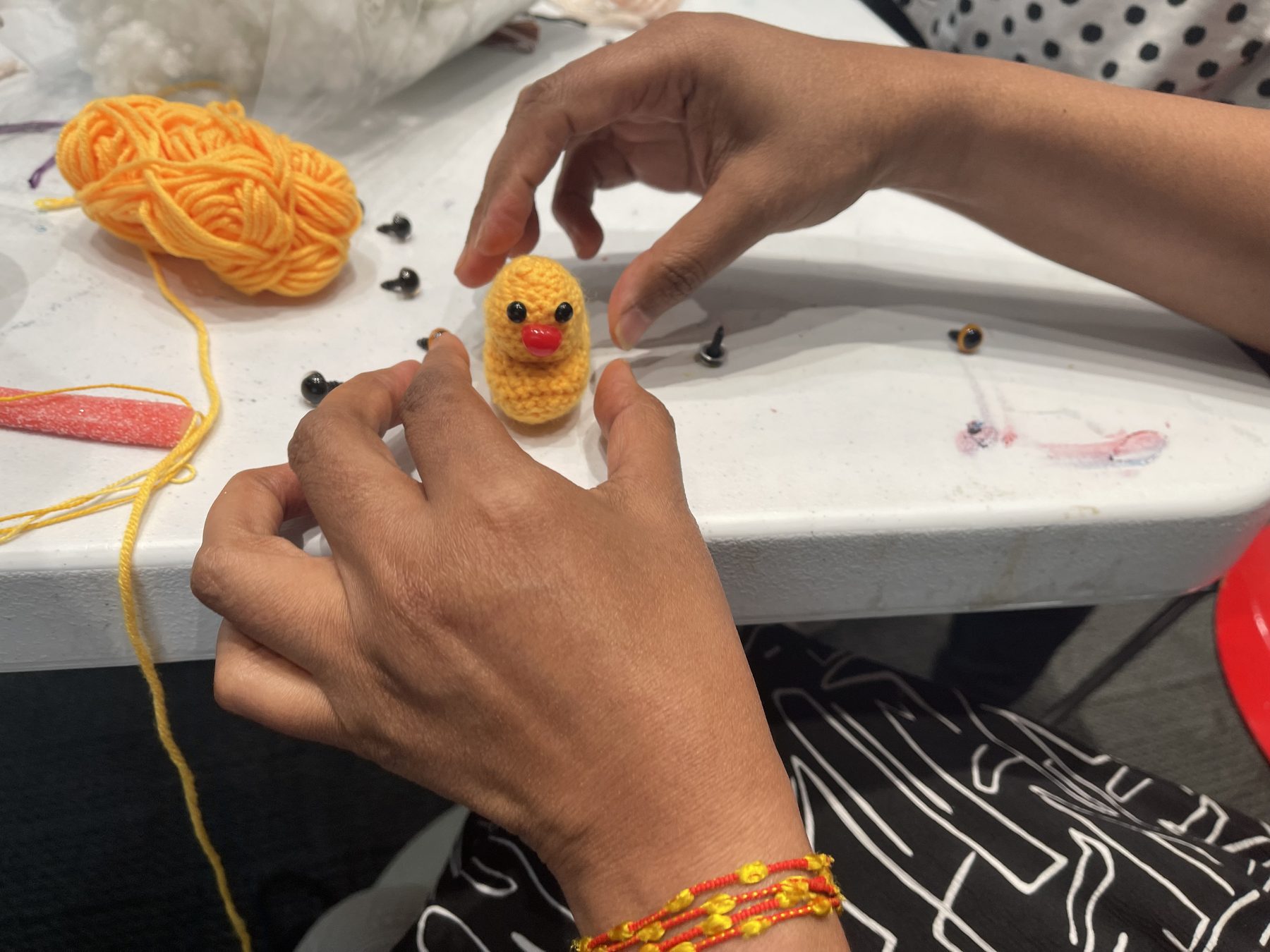 A small crocheted duck