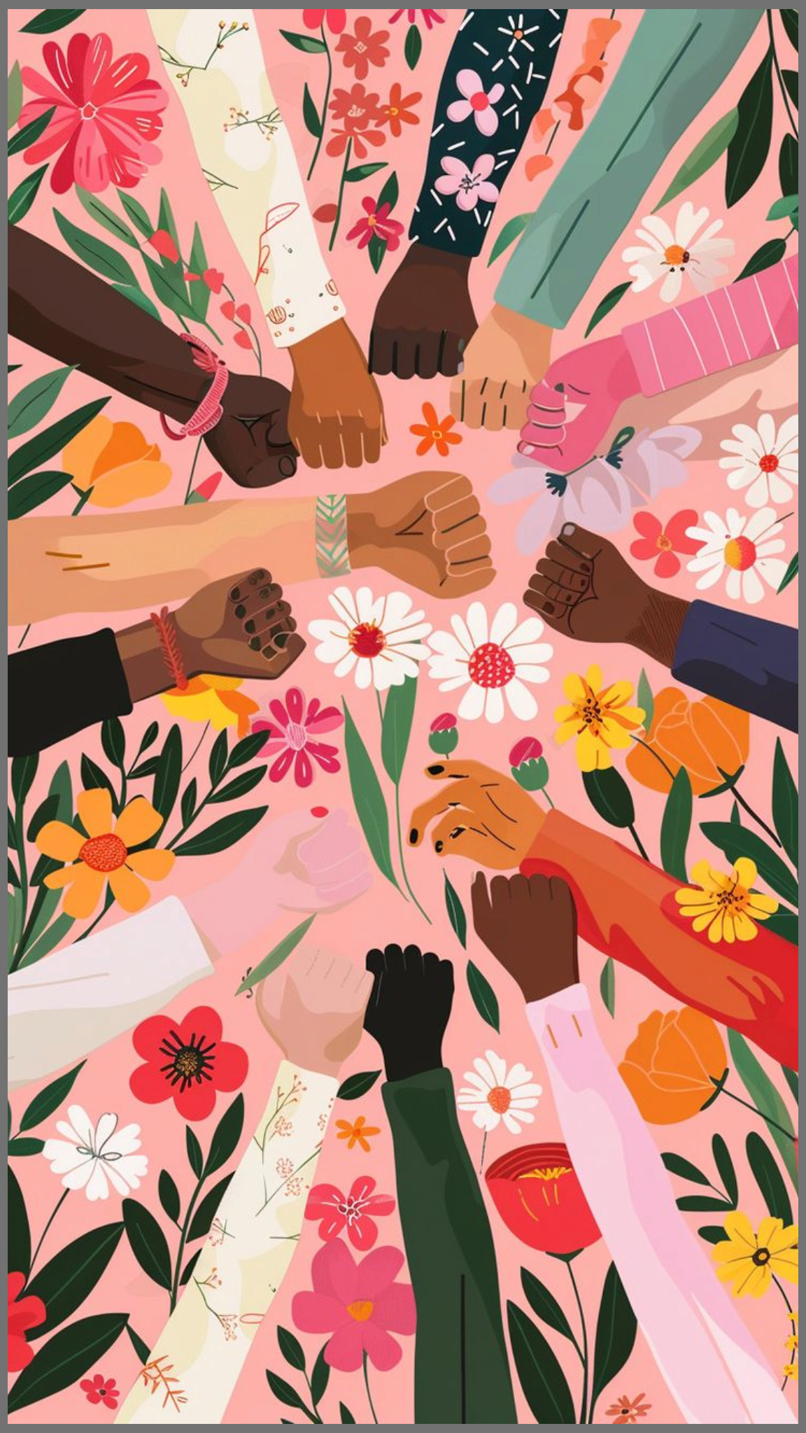 Illustration of diverse hands meeting among colourful flowers